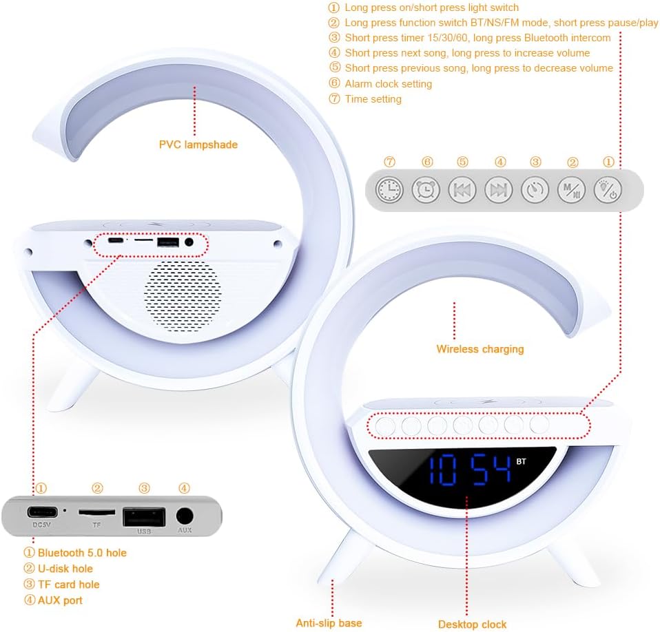 Cassa Speaker BT WiFi Forma G Ricarica Smartphone Fast Qi Orologio Sveglia LED