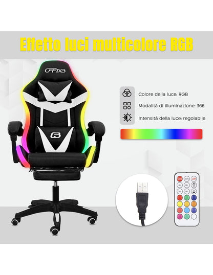 Sedia Gaming LED RGB Telecomando Doppio Cuscino in Ecopelle e Poggiapiedi Bianca