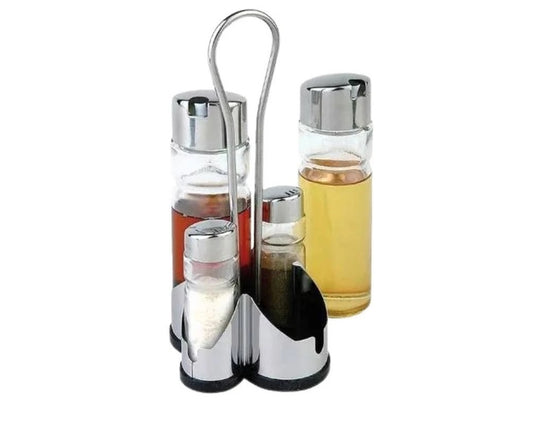 Fair Oliera Set 4 Pezzi Olio Aceto Sale e Pepe Stand in Acciaio Kit da Tavola