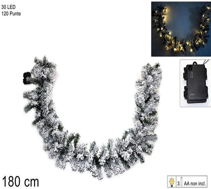 Natale Ghirlanda Luminosa tralcio Verde innevato con luci 180 cm 120 Rami Pino Albero Fuori Porta LED Luce Calda