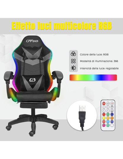 Sedia Gaming LED RGB Telecomando Doppio Cuscino in Ecopelle e Poggiapiedi Grigio