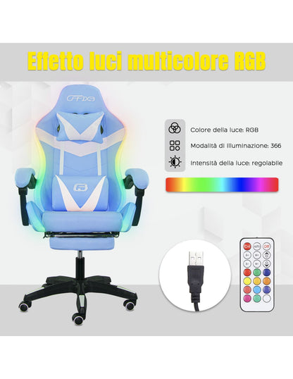 Sedia Gaming LED RGB Telecomando Doppio Cuscino in Ecopelle Poggiapiedi Azzurro